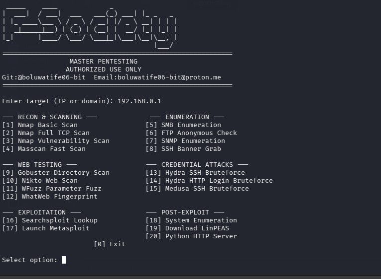 Master Pentesting menu screenshot